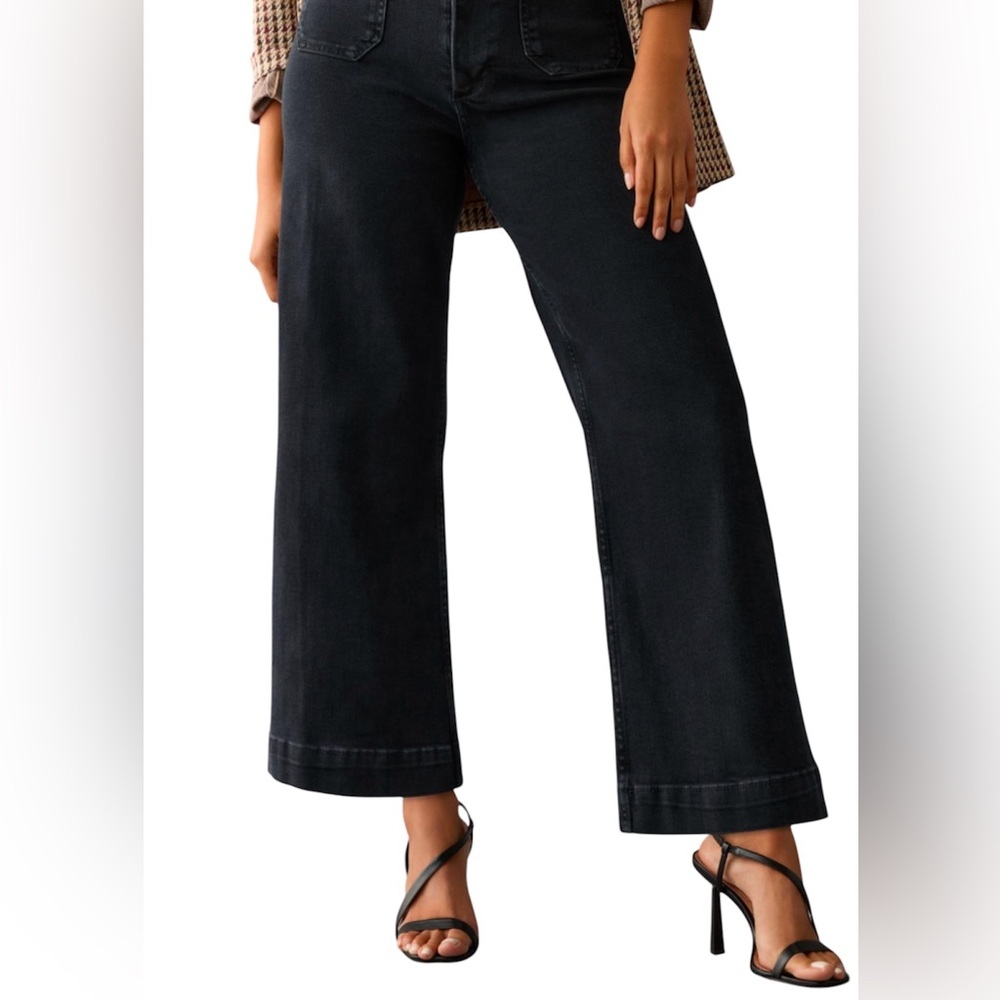 Anthropologie Maeve The Colette Wide-Leg Cropped Blue Jeans with Brown Accents